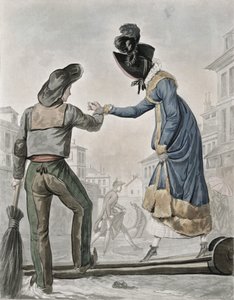 A Woman Paying a Street Sweeper to Cross a Gangplank Over a Dirty Street