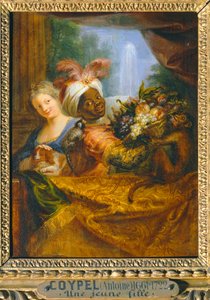 Young black girl holding a fruit basket and young girl caressing a dog by Antoine Coypel