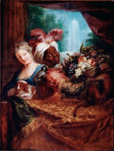 Young girl stroking a dog and black servant presenting a basket of fruit. A little monkey is laying on her shoulder. Painting by Antoine Coypel