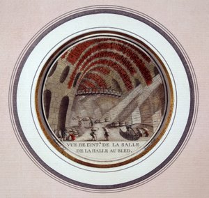 View of the interior of the new market hall built by Le Camus de Mézières between 1763 and 1766, today the stock exchange in Paris. In picturesque views of the main buildings of Paris by Antoine Louis Francois Sergent Marceau