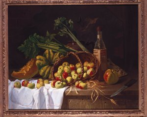 Still Life with a Bottle of Wine, Rhubarb and an Upturned Basket of Apples on a Table by Antoine Vollon