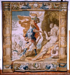 Flemish tapestry. Series Story of Theseus. Theseus receives Minos’ ring from Amphitrite. Fifth tapestry in the series. Model Anthonis Sallaert. Manufacture Jan Raes the Younger, Brussels. Ca 1630 by Antoine or Anthonis Sallaert