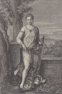 Judith standing with her foot on the head of Holofernes by Antoinette Larcher