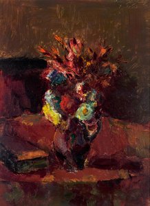 Flower Bouquet with Red Tablecloth