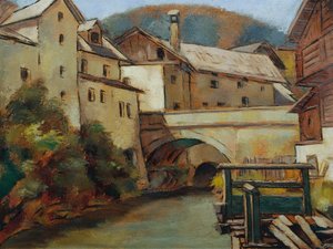 View of a City with River and Bridge