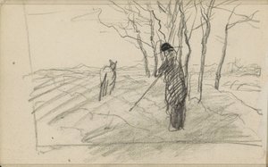 Standing Man with a Stick and an Animal on a Ploughed Field by Anton Mauve