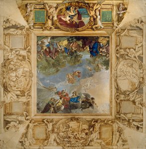 Apollo and Athena rewarding Talents and Minerva flanked by caryatids and medallions depicting Mars, Venus, Hercules and Cybele