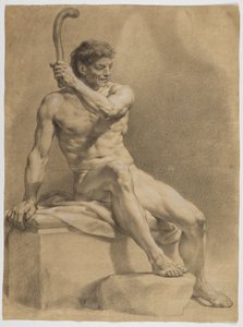 Seated Male Nude, Turned Diagonally to the Right, Holding a Small Club Aloft in His Left Hand by Anton Raphael Mengs