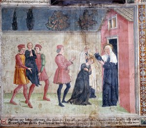 Life of St. Francesca Romana: The saint meets a paralyzed woman called Jacobella and promises to heal her