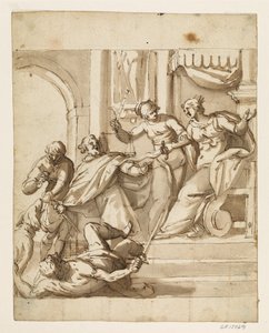 Allegorical composition with Justice restraining an enthroned queen from intervening with her sword in a fight between two men in front of the throne, while a third with a key is feeding a dog by Antonio Aliense