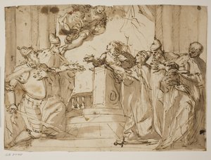 Four Doges and a Man in a Mantle with the Doge’s Cap in His Hands, with the Annunciation in the Background by Antonio Aliense