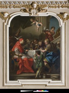 Saint Gregory the Great at a table with Jesus disguised as a pilgrim, Near the Pope, the dove of the Holy Spirit