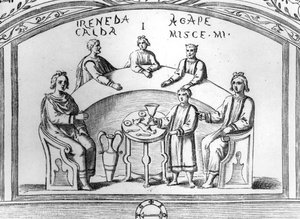 Banquet scene from an early Christian catacomb fresco in Rome, illustration from 