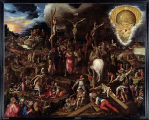 Scenes of Passion: Prayer in the Garden of Olive Trees, Betrayal of Judas, Arrest of Christ, Flouted Christ, Ascends to Calvary, Crucifixion, Resurrection. Painting by Antonio Campi