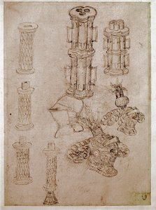 Three helmets topped with crests and two pieces of guns demolved (Drawing) by Antonio Pisanello