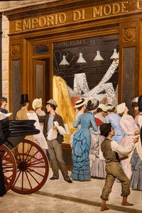 The Epoch, detail of women looking at a shop window, a town crier and a boy (detail)