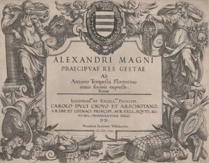 Frontispiece to the life of Alexander the Great, at left is Bellona and at right a female figure by Antonio Tempesta