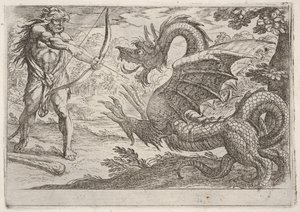 Hercules and the Serpent Ladon: Hercules draws his bow, the rearing serpent appears by Antonio Tempesta