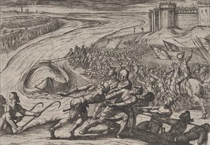 Plate 12: Pulling a Vessel Loaded with Grain to Shore, from The War of the Romans Against..., 1611 by Antonio Tempesta