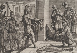 Plate 26: Cerialis Pardons and Relieves Roman Soldiers who had Helped Civilis, from The War by Antonio Tempesta
