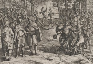Plate 2: The Romans Taking Old Dutch Men as Hostages and Seducing Young Ones, from The War by Antonio Tempesta