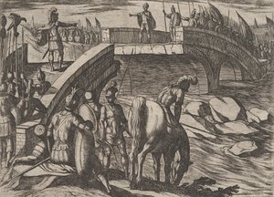 Plate 36: Civilis and Cerialis Meet on a Broken Bridge to Reach an Accord, from The War of... by Antonio Tempesta
