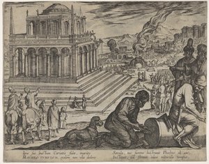 Plate 5: Tomb of Mausolus, stone masons make a column at the right, from "The Seven Wonders of the World" by Antonio Tempesta
