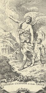An angel leading a young boy and gesturing to the clouds by Antonio Visentini