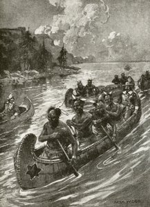 Samuel De Champlain in 1608 ascending the St Lawrence river in the canoes of friendly native American Indians by Archibald Bertram (after) Webb