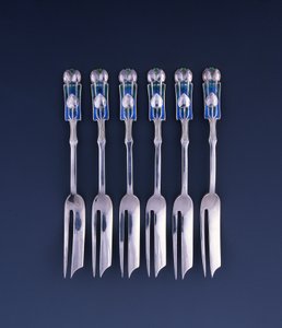A Set of Six Liberty Silver and Enamel Pastry Forks