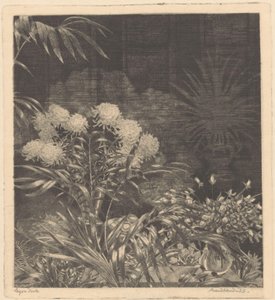 Interior with flowers in vases and plants in pots by Arend Hendriks (signed by artist)