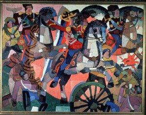 Battle of Victory. Battle scene, expressive and colorful, armed soldiers, charging cavalry, cannon wheel and explosions, and fallen soldiers. Painting by Aristarkh Vasilyevich Lentulov, oil on canvas, 191