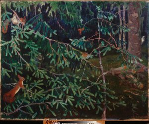 The Inhabitants of the Forest. (Squirrels in the Branches and a Bird Pecking at a Trunk). Painting by Arkadi Alexandrovich Rylov