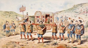 A 9th century noblewoman carried in a litter by four men