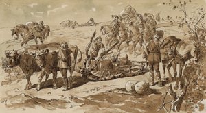 Ox-drawn sled and pack horses in primitive times by Armand Jean Heins