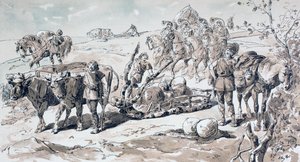 Oxen drawing a primitive sled laden with rocks by Armand Jean Heins