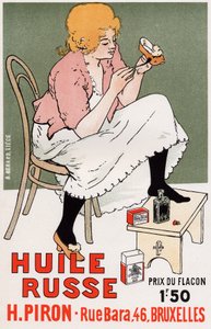 Lifestyle. Fashion. Russian oil, shoes repair. Poster by Armand Rassenfosse, Belgium, c.1895