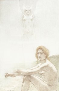 Seated female nude with ghostly female figure in the background