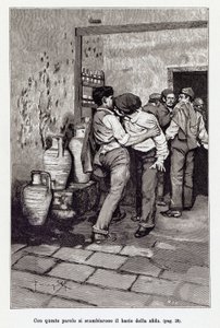 Invitation to the Sicilian duel by the mortal kiss, actually a bite in the ear. Illustration by Arnaldo Ferraguti for the new Cavalleria Rusticana by Giovanni Verga. 1897