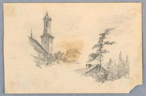 Sketch of Church Tower and Roof Top by Arnold William Brunner