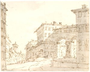 Italian Street Scene with Church on the Left and Portal on the Right by Aron Wallick