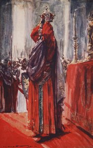 He reached the altar where the crown lay: lifting it he placed it upon his head, illustration from 