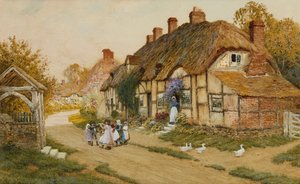 Children Playing Outside a Cottage in a Village by Arthur Claude Strachan