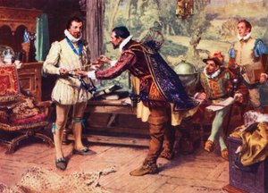 Ralph Lane, First Governor of Virginia, Presenting an Indian Pipe to Sir Walter Raleigh in 1586