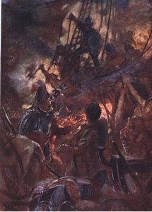 Fiercely the battle raged and long, illustration from Romance of History: The Netherlands, 1920s