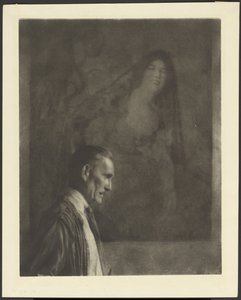 Man with Small, Neat Mustache in Profile Posed in Front of a Painting of a Woman Dressed in Spanish Costume by Arthur F. Kales