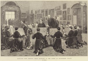 Blue-Coat Boys Showing Their Drawings to the Queen at Buckingham Palace by Arthur Hopkins