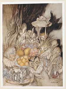 ACT III: Scene III, line 19 Enter several strange Shapes, bringing in a banquet ... inviting the King, etc, to eat by Arthur Rackham