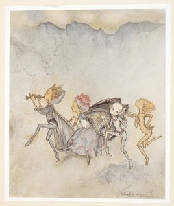 ACT IV: Scene I, line 46 Each one, tripping on his toe, Will be here with mop and mow. Nymphs. by Arthur Rackham
