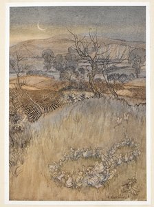 ACT V: Scene I, line 36 You demi-puppets that By moonshine do the green sour ringlets make. Ariel enters with Alonso and his companions, who have been charmed and obediently stand in a circle. Prospero speaks to them in their charmed state, praising Gonzal by Arthur Rackham